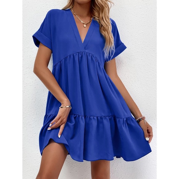 Roll Cuff short sleeve Ruffle Hem mini Dress black - Picture 8 of 11